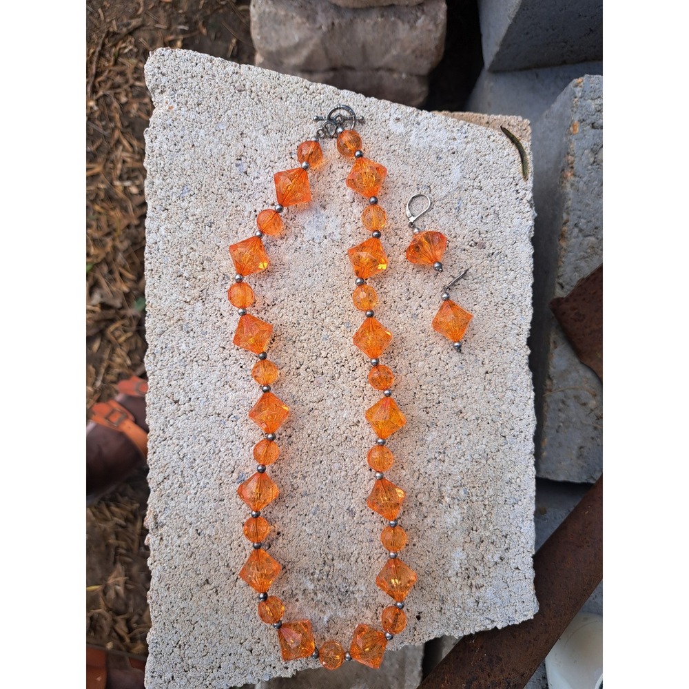 Orange Faceted Bead Necklace and Earring Set Silver Tone Toggle Clasp Jewelry